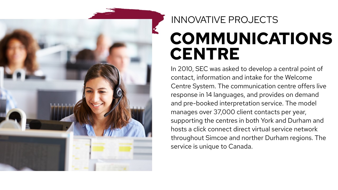 "Slide titled 'Innovative Projects: Communications Centre.' Describes how SEC launched a centralized communication centre in 2010 for the Welcome Centre System. It offers support in 14 languages, over 37,000 client contacts annually, and a virtual service network in Simcoe and northern Durham. Includes photo of a smiling call centre worker wearing a headset."